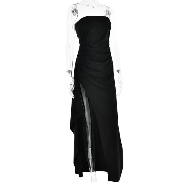 Planet Gates Cryptographic Off Shoulder Elegant High Rise Split Maxi Dress Club Outfits for Women Sexy Strapless Evening Dresses Ruched Gown