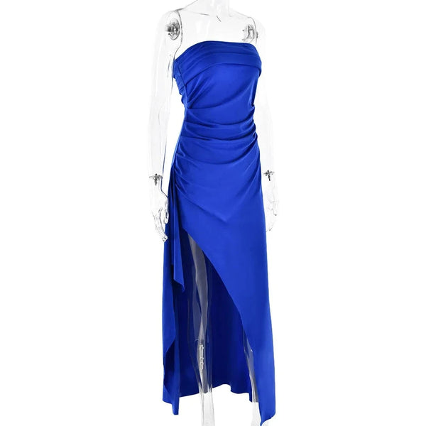 Planet Gates Cryptographic Off Shoulder Elegant High Rise Split Maxi Dress Club Outfits for Women Sexy Strapless Evening Dresses Ruched Gown