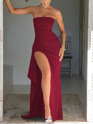 Planet Gates Cryptographic Off Shoulder Elegant High Rise Split Maxi Dress Club Outfits for Women Sexy Strapless Evening Dresses Ruched Gown