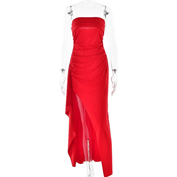 Planet Gates Cryptographic Off Shoulder Elegant High Rise Split Maxi Dress Club Outfits for Women Sexy Strapless Evening Dresses Ruched Gown