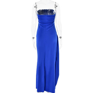 Planet Gates Cryptographic Off Shoulder Elegant High Rise Split Maxi Dress Club Outfits for Women Sexy Strapless Evening Dresses Ruched Gown