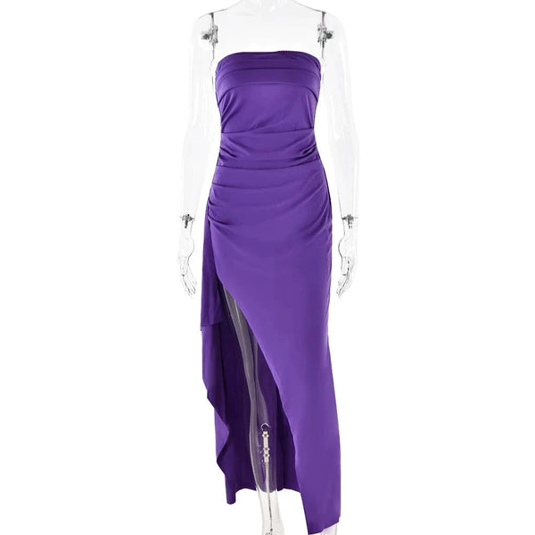 Planet Gates Cryptographic Off Shoulder Elegant High Rise Split Maxi Dress Club Outfits for Women Sexy Strapless Evening Dresses Ruched Gown