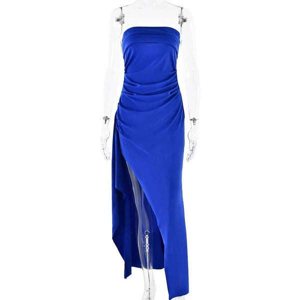 Planet Gates Cryptographic Off Shoulder Elegant High Rise Split Maxi Dress Club Outfits for Women Sexy Strapless Evening Dresses Ruched Gown