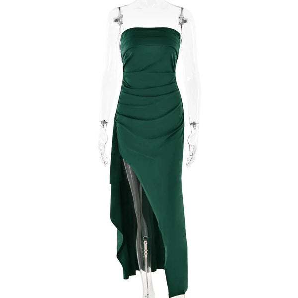 Planet Gates Cryptographic Off Shoulder Elegant High Rise Split Maxi Dress Club Outfits for Women Sexy Strapless Evening Dresses Ruched Gown