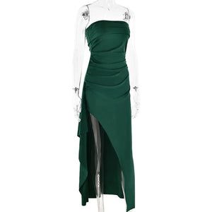 Planet Gates Cryptographic Off Shoulder Elegant High Rise Split Maxi Dress Club Outfits for Women Sexy Strapless Evening Dresses Ruched Gown