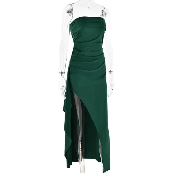 Planet Gates Cryptographic Off Shoulder Elegant High Rise Split Maxi Dress Club Outfits for Women Sexy Strapless Evening Dresses Ruched Gown