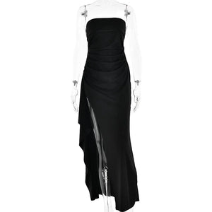 Planet Gates Cryptographic Off Shoulder Elegant High Rise Split Maxi Dress Club Outfits for Women Sexy Strapless Evening Dresses Ruched Gown