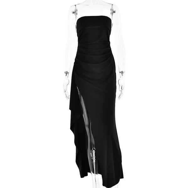 Planet Gates Cryptographic Off Shoulder Elegant High Rise Split Maxi Dress Club Outfits for Women Sexy Strapless Evening Dresses Ruched Gown