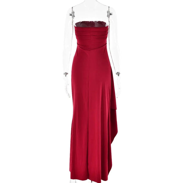 Planet Gates Cryptographic Off Shoulder Elegant High Rise Split Maxi Dress Club Outfits for Women Sexy Strapless Evening Dresses Ruched Gown