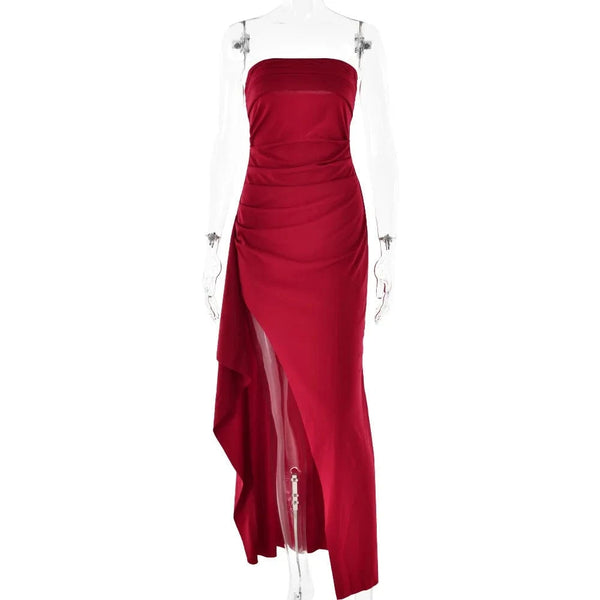 Planet Gates Cryptographic Off Shoulder Elegant High Rise Split Maxi Dress Club Outfits for Women Sexy Strapless Evening Dresses Ruched Gown