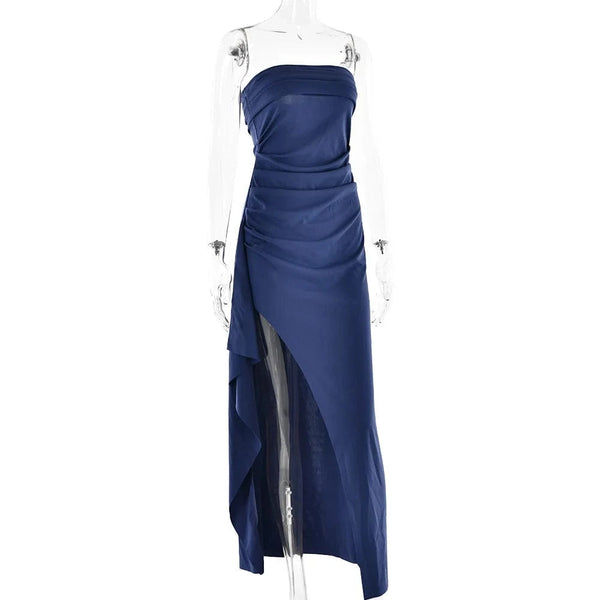 Planet Gates Cryptographic Off Shoulder Elegant High Rise Split Maxi Dress Club Outfits for Women Sexy Strapless Evening Dresses Ruched Gown