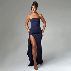 Planet Gates Cryptographic Off Shoulder Elegant High Rise Split Maxi Dress Club Outfits for Women Sexy Strapless Evening Dresses Ruched Gown