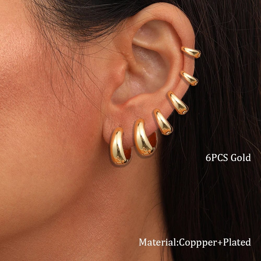 Planet Gates CS5791702JCC3 6pcs Set Chic Glossy Gold Plated Copper Metal Oval Huggie Hoop Earrings Set for Women Teens Daily Match Stackable Hoops Jewelry