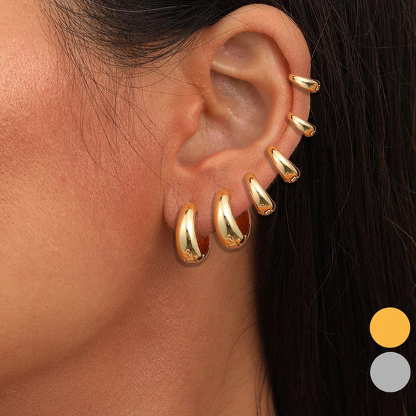 Planet Gates CS5791702JCC3 6pcs Set Chic Glossy Gold Plated Copper Metal Oval Huggie Hoop Earrings Set for Women Teens Daily Match Stackable Hoops Jewelry