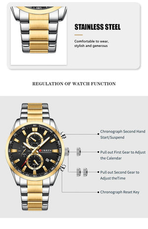 Planet Gates CURREN Casual Sporty Brand Stainless Steel Band Wristwatches for Men  Chronograph Quartz Watches with Date New 8445