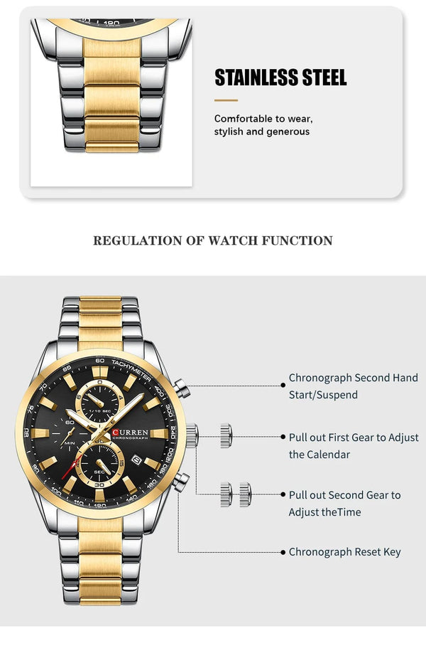 Planet Gates CURREN Casual Sporty Brand Stainless Steel Band Wristwatches for Men  Chronograph Quartz Watches with Date New 8445