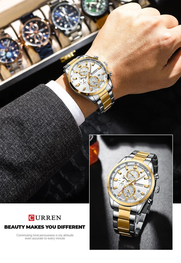 Planet Gates CURREN Casual Sporty Brand Stainless Steel Band Wristwatches for Men  Chronograph Quartz Watches with Date New 8445