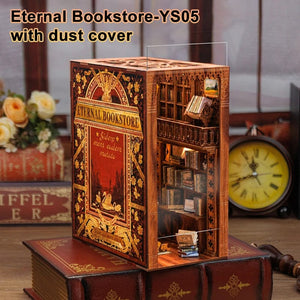 Planet Gates CUTEBEE Puzzle 3D DIY Book Nook Kit Eternal Bookstore Wooden Dollhouse with Light Magic Pharmacist Building Model Toys for Gifts