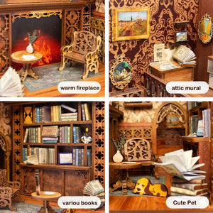 Planet Gates CUTEBEE Puzzle 3D DIY Book Nook Kit Eternal Bookstore Wooden Dollhouse with Light Magic Pharmacist Building Model Toys for Gifts