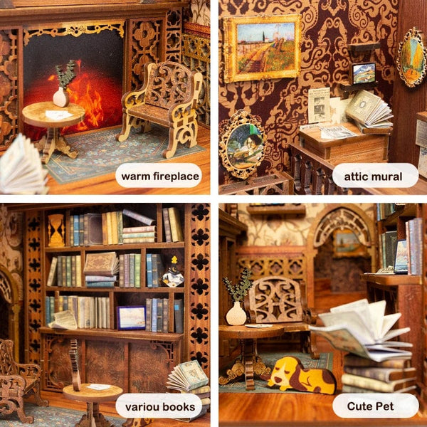 Planet Gates CUTEBEE Puzzle 3D DIY Book Nook Kit Eternal Bookstore Wooden Dollhouse with Light Magic Pharmacist Building Model Toys for Gifts