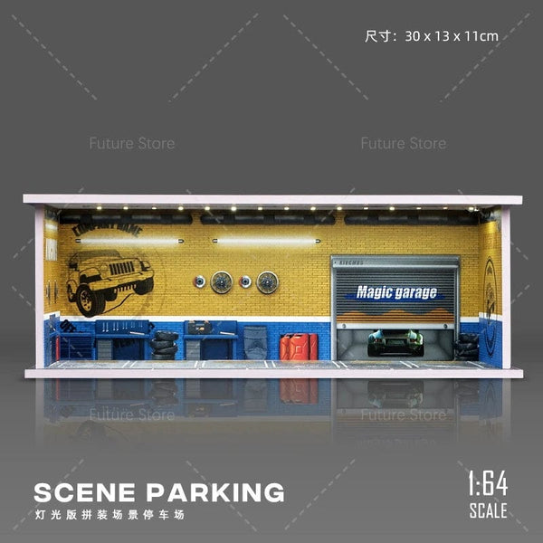 Planet Gates D 1/64 Simulated Parking Lot Model Miniature Scene Parking Lot PVC Assembly with Light Parking Space Model Display Frame