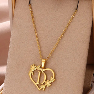 Planet Gates D / 45cm / CHINA Gold Color Dainty Flower Initials Necklace Women Girl Stainless Steel Heart Letter Choker Necklace Best Gifts Alphabet Jewelry