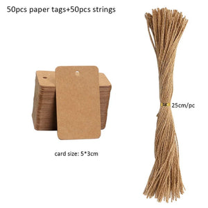 Planet Gates D-5x3cm-kraft 50pcs Kraft Paper Tags White Cardboard Cards with Strings Wedding Birthday Christmas Party Gift Tag Cookie Packaging Supplies