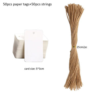 Planet Gates D-5x3cm-white 50pcs Kraft Paper Tags White Cardboard Cards with Strings Wedding Birthday Christmas Party Gift Tag Cookie Packaging Supplies