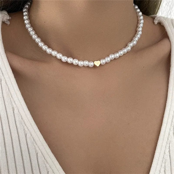 Planet Gates D Imitation Pearl Trendy Love Heart  Choker Necklace Female Personality Party Fashion Clavicle Collier Colar Perlas Collar Gift