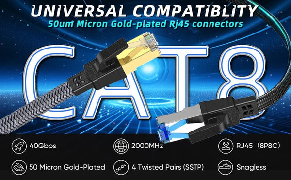 Planet Gates D-Sunty Ethernet Cable CAT8 40Gbps Nylon Braided Network Lan Cord for PC Modem Laptop PS 5 Router RJ45 Flat Cable Ethernet Cat 8