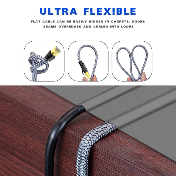 Planet Gates D-Sunty Ethernet Cable CAT8 40Gbps Nylon Braided Network Lan Cord for PC Modem Laptop PS 5 Router RJ45 Flat Cable Ethernet Cat 8