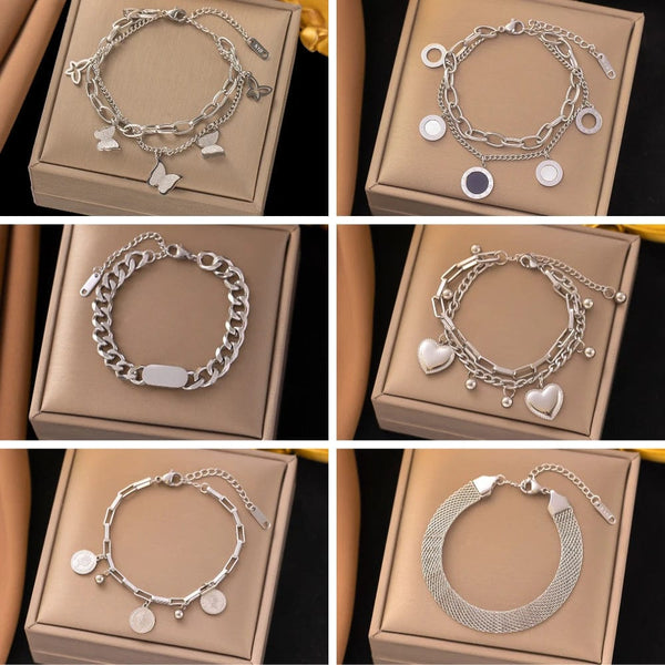 Planet Gates D067 Stainless Steel Steel Color Women's Bracelet Love Heart Charm Hand Chain Fashion Trendy Bangle Party Jewelry Gifts New Wholesale
