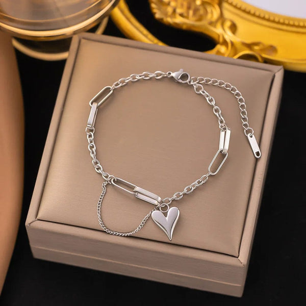 Planet Gates D067 Stainless Steel Steel Color Women's Bracelet Love Heart Charm Hand Chain Fashion Trendy Bangle Party Jewelry Gifts New Wholesale