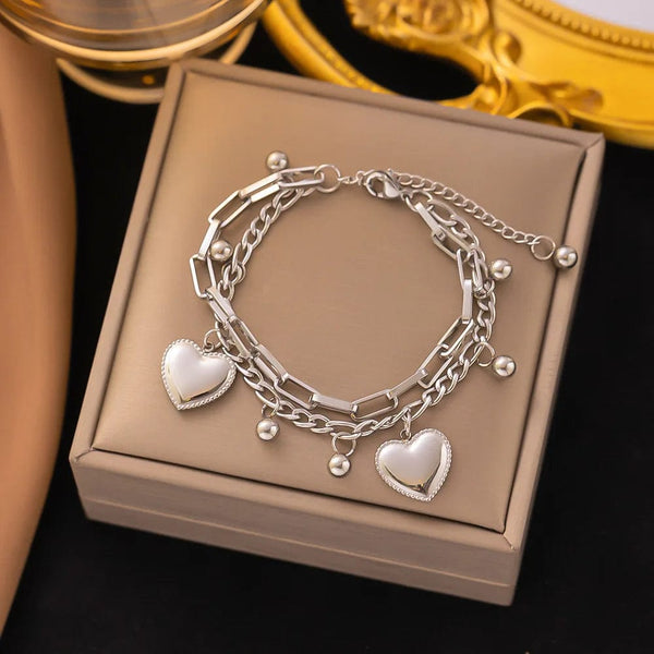 Planet Gates D067 Stainless Steel Steel Color Women's Bracelet Love Heart Charm Hand Chain Fashion Trendy Bangle Party Jewelry Gifts New Wholesale