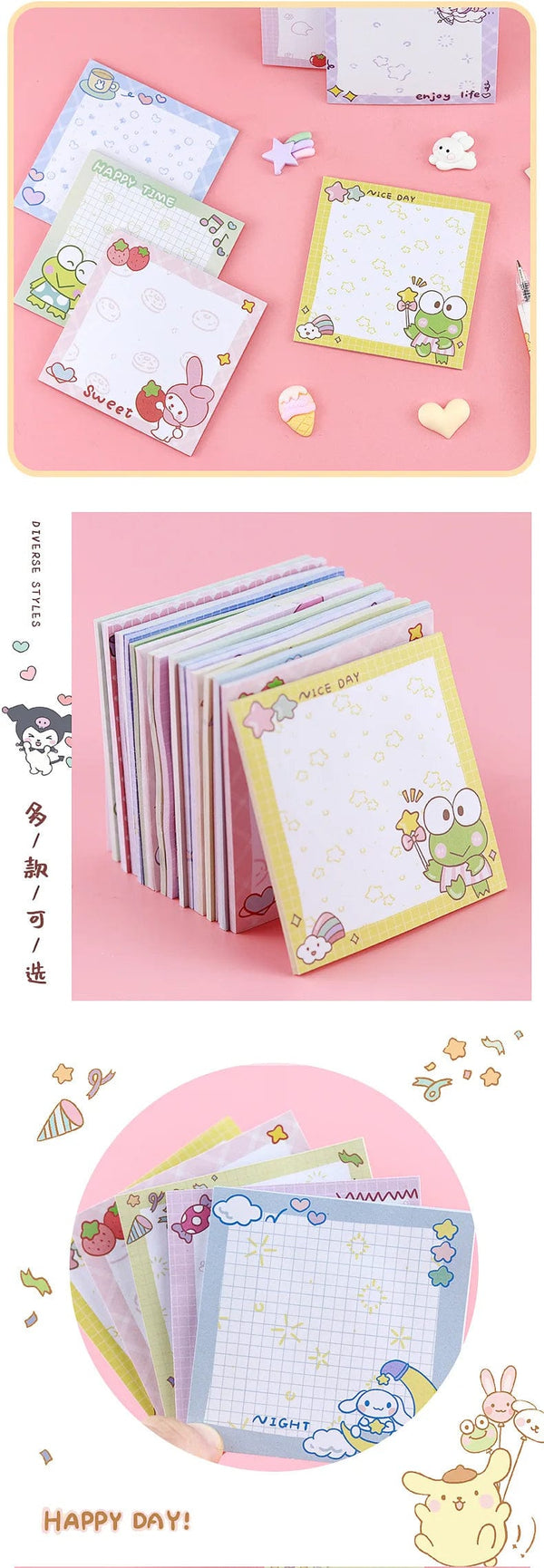 Planet Gates da yan meng 80 Sheets Sanrio Memo Pad Sticky Notes Cute Melody Pochacco Kuromi Stationery Label Notepad Planner Sticker Post School Supplies