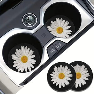 Planet Gates Daisy 2pcs Daisy Flower Absorbent Car Cup Holder Coaster Mats - Car Interior Accessories For Women, Water Cup Coasters For Car Vehicles & Home Desk