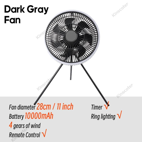 Planet Gates Dark Grey Fan KINSCOTER 10000mAh Outdoor Camping Fan, 11inch Large Ceiling Fan with LED Lighting, Multifunction Air Circulator Cooler Fan