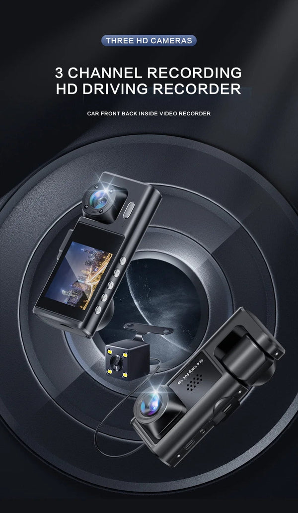 Planet Gates Dash Cam W/ IR Night Vision Loop Recording & 2" IPS Screen 1080P 3 Camera ， DVR recorder, video recorder, Vehicle DVR