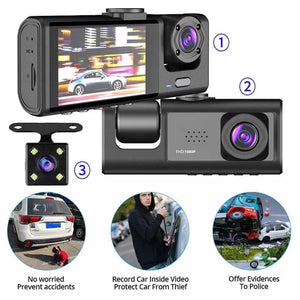 Planet Gates Dash Cam W/ IR Night Vision Loop Recording & 2" IPS Screen 1080P 3 Camera ， DVR recorder, video recorder, Vehicle DVR