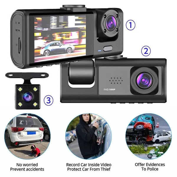 Planet Gates Dash Cam W/ IR Night Vision Loop Recording & 2" IPS Screen 1080P 3 Camera ， DVR recorder, video recorder, Vehicle DVR