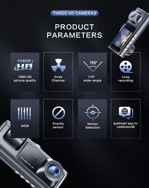 Planet Gates Dash Cam W/ IR Night Vision Loop Recording & 2" IPS Screen 1080P 3 Camera ， DVR recorder, video recorder, Vehicle DVR