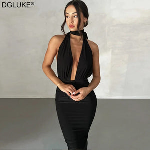 Planet Gates Deep V-Neck Backless Bodycon Dress Elegant Party Dresses For Women 2023 Summer Ruched Wrap Bandage Long Dress Black White