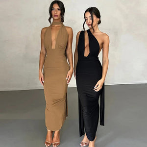 Planet Gates Deep V-Neck Backless Bodycon Dress Elegant Party Dresses For Women 2023 Summer Ruched Wrap Bandage Long Dress Black White