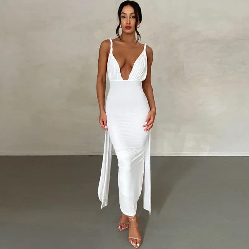 Planet Gates Deep V-Neck Backless Bodycon Dress Elegant Party Dresses For Women 2023 Summer Ruched Wrap Bandage Long Dress Black White