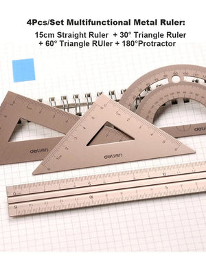 Planet Gates Deli Metal Ruler School Drawing Measuring Triangle Ruler for Kids Learning Angle Straight Ruler Set Office Accessories Supplies