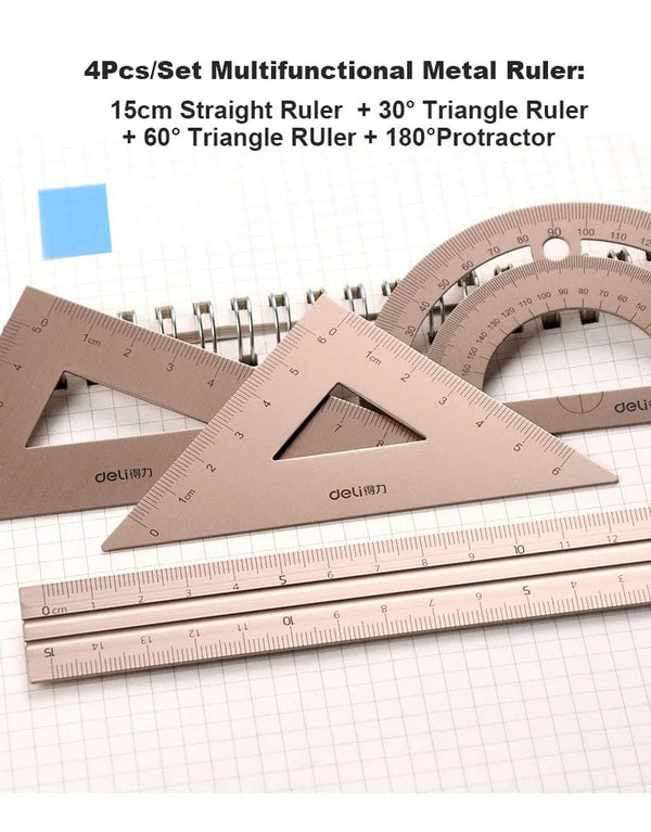 Planet Gates Deli Metal Ruler School Drawing Measuring Triangle Ruler for Kids Learning Angle Straight Ruler Set Office Accessories Supplies