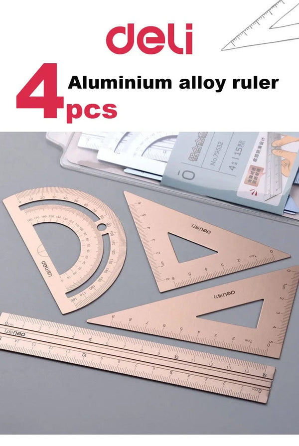 Planet Gates Deli Metal Ruler School Drawing Measuring Triangle Ruler for Kids Learning Angle Straight Ruler Set Office Accessories Supplies
