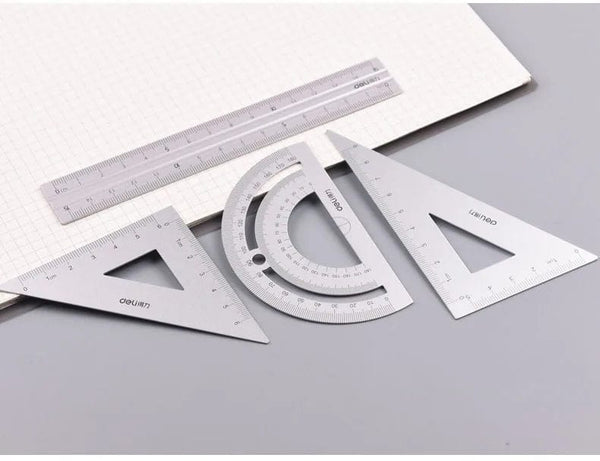 Planet Gates Deli Metal Ruler School Drawing Measuring Triangle Ruler for Kids Learning Angle Straight Ruler Set Office Accessories Supplies