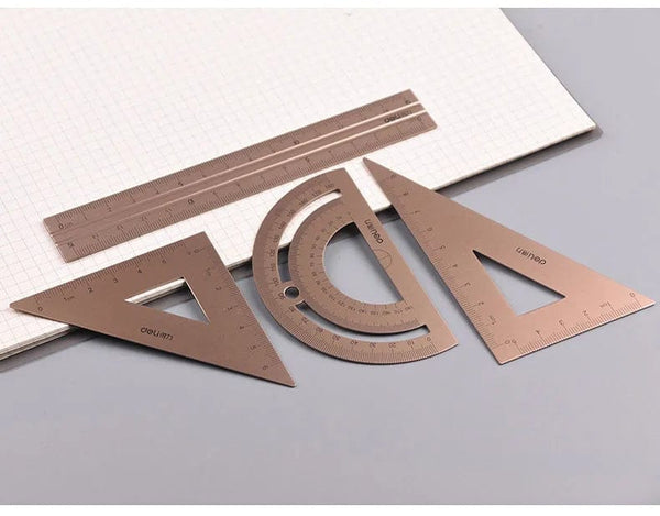 Planet Gates Deli Metal Ruler School Drawing Measuring Triangle Ruler for Kids Learning Angle Straight Ruler Set Office Accessories Supplies