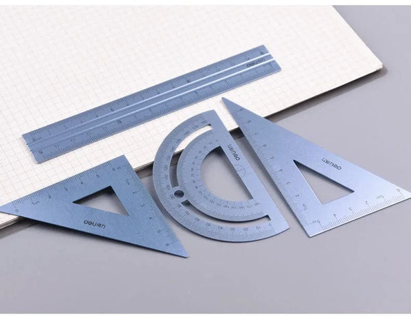 Planet Gates Deli Metal Ruler School Drawing Measuring Triangle Ruler for Kids Learning Angle Straight Ruler Set Office Accessories Supplies